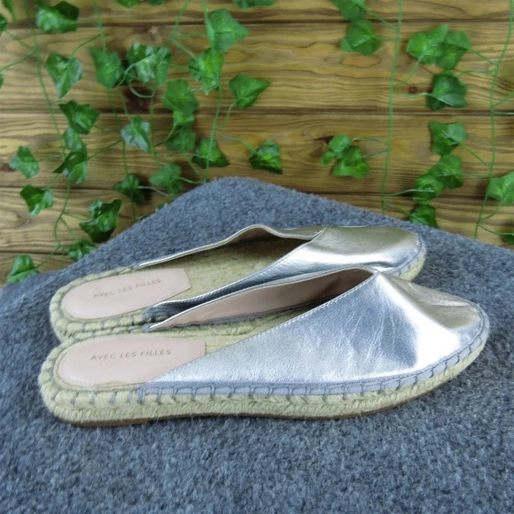 Avec Les Filles Women Mule Espadrille Silver Leather 6.5 Medium Gently Used 2025